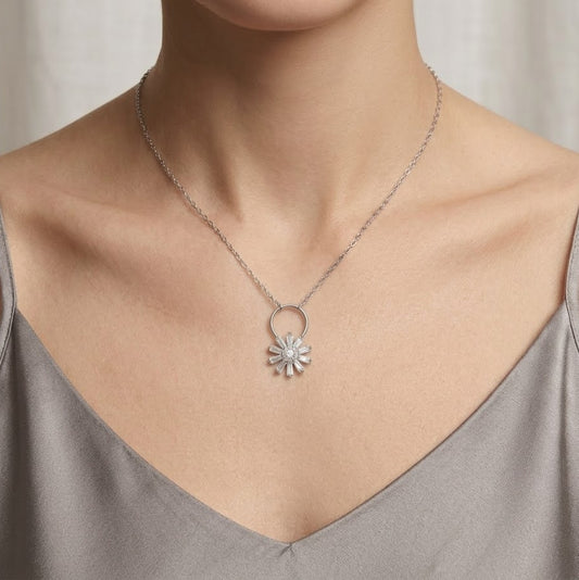 Elegant Silver Sunburst Flower Pendant Necklace for Women
