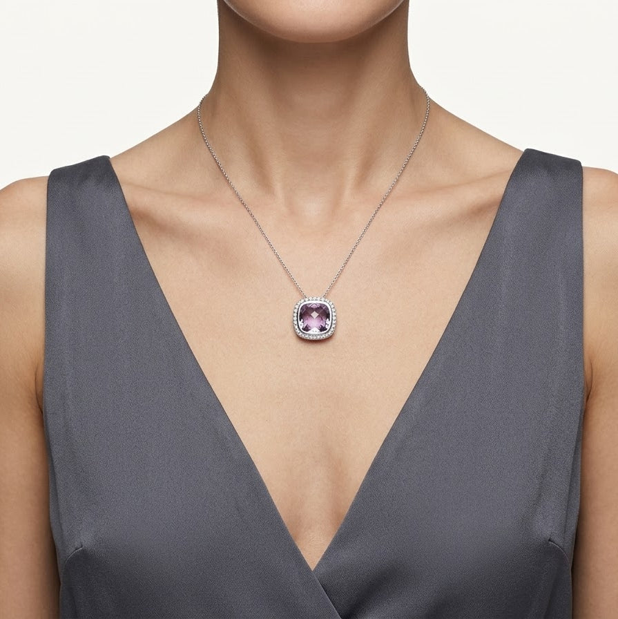 Elegant Silver Purple Gemstone Halo Pendant Necklace