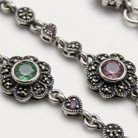 Multicolor Gemstone Floral Anklet – Vintage-Inspired Silver Jewellery