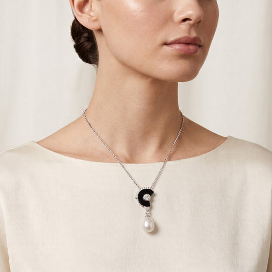 Elegant Black Enamel Pearl Drop Necklace & Earrings Set