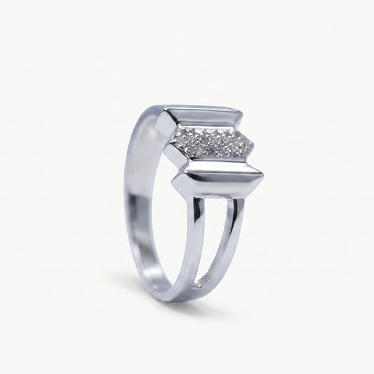 Silver Geometric Open Band Ring with Sparkling Stone Detail