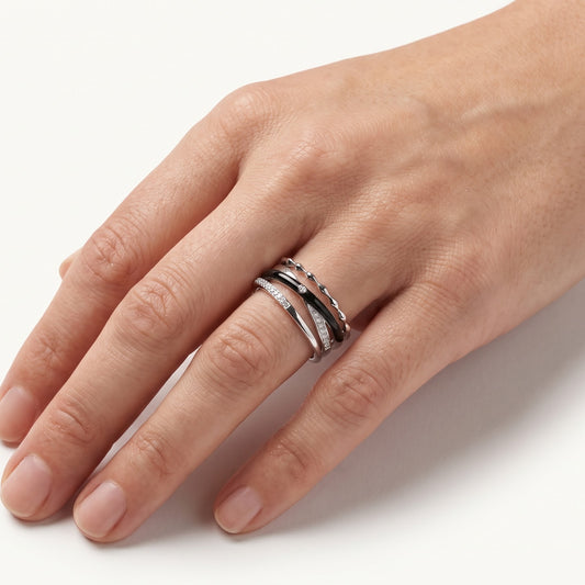 Black & Silver Stacked Ring Set with Sparkling Accents