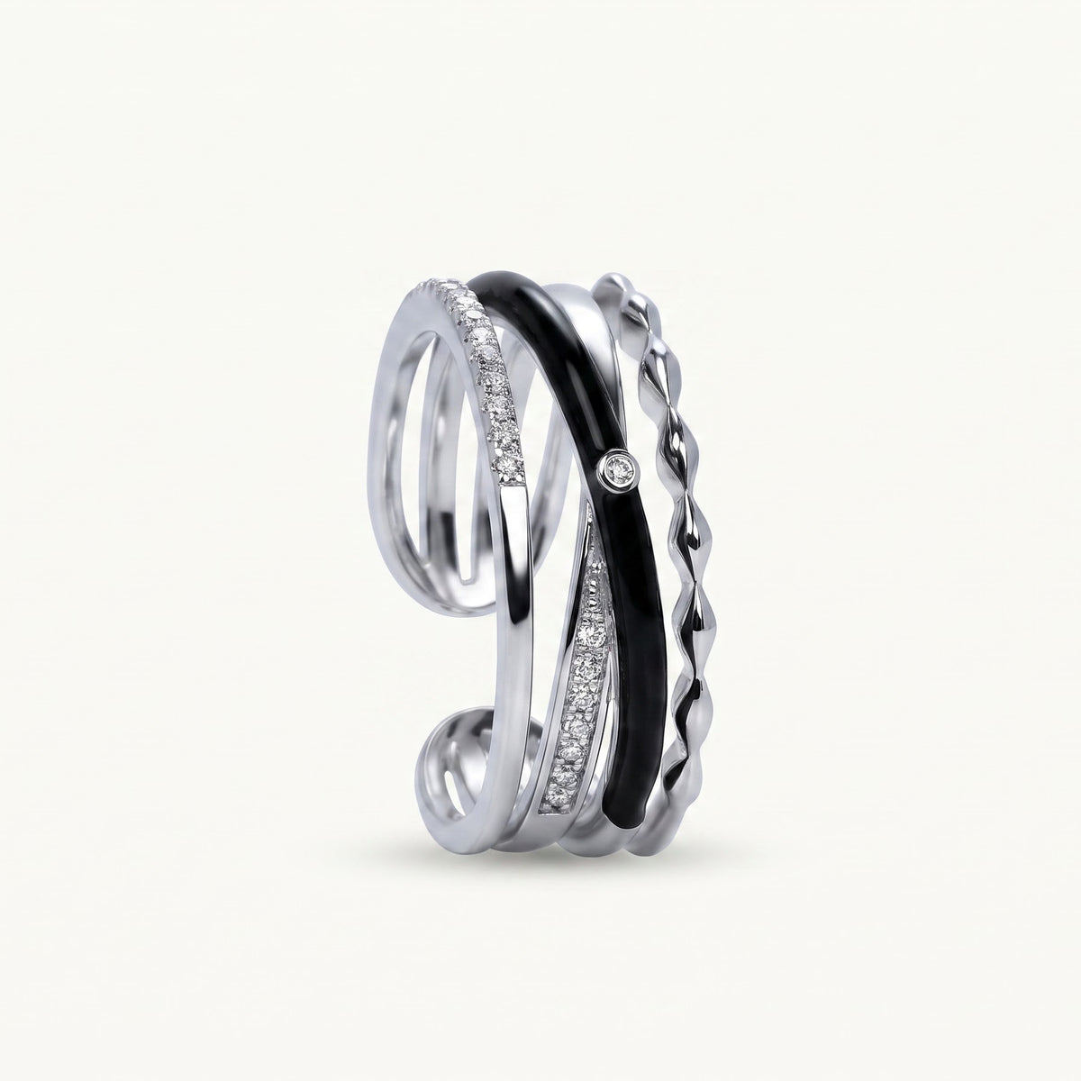 Black & Silver Stacked Ring Set with Sparkling Accents
