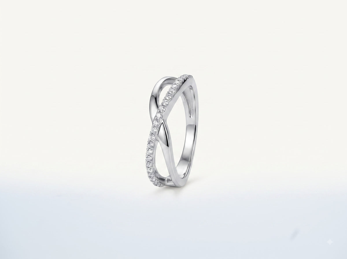 Elegant Double Curve Crystal Silver Ring with Sparkling Open Design
