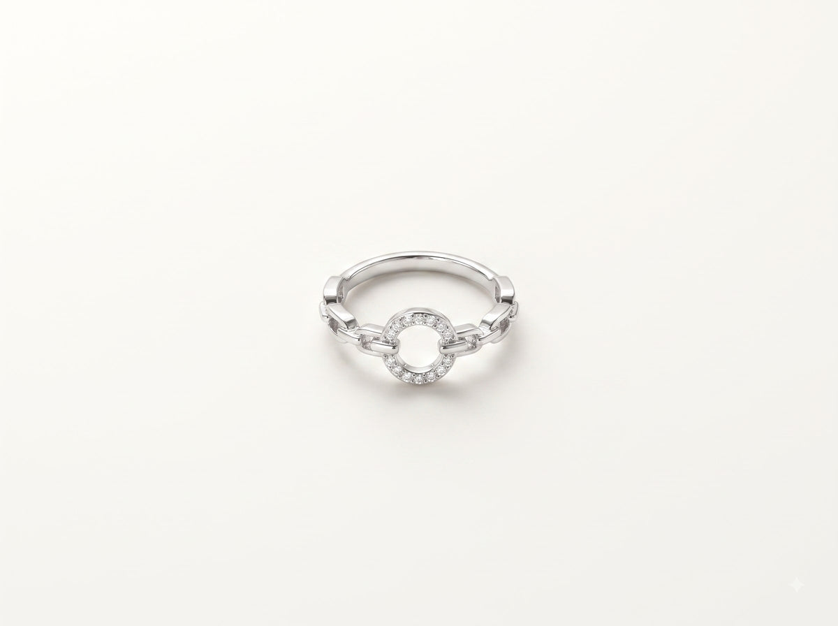 Elegant Silver Circle Link Ring with Sparkling Stones for Women