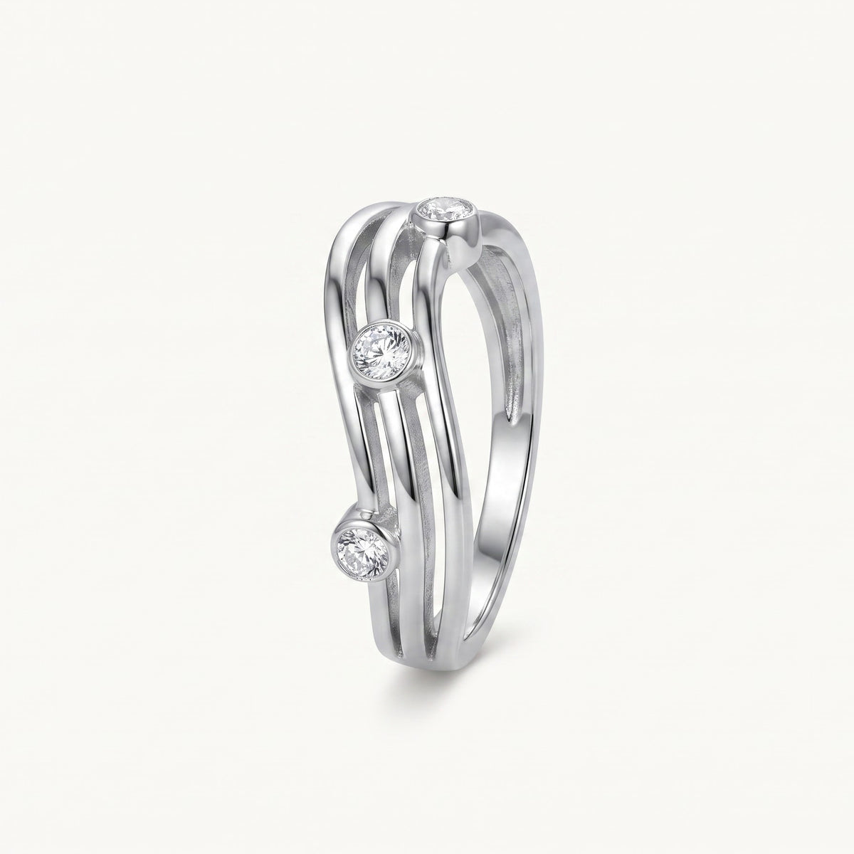 Elegant Silver Open Band Ring with Triple Sparkling Stone Accents