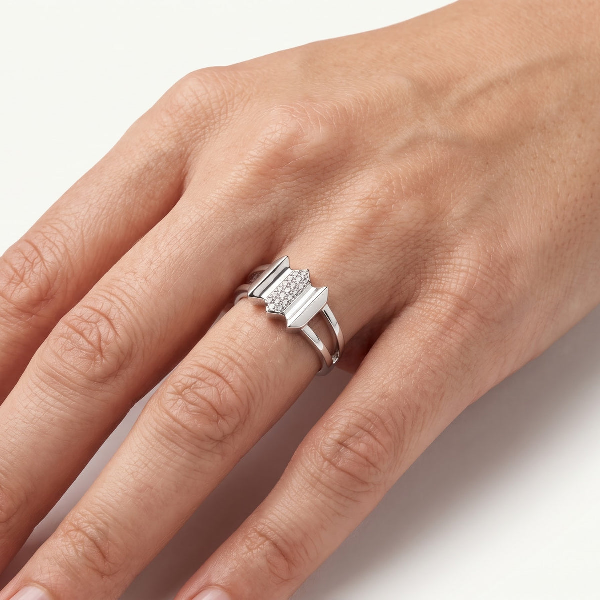 Silver Geometric Open Band Ring with Sparkling Stone Detail