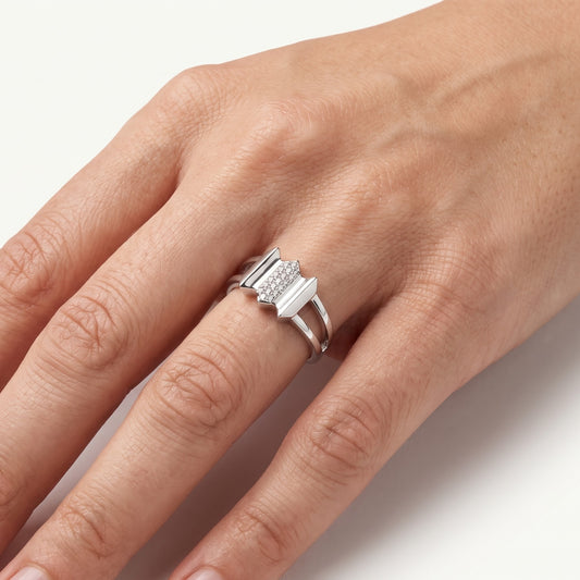 Silver Geometric Open Band Ring with Sparkling Stone Detail