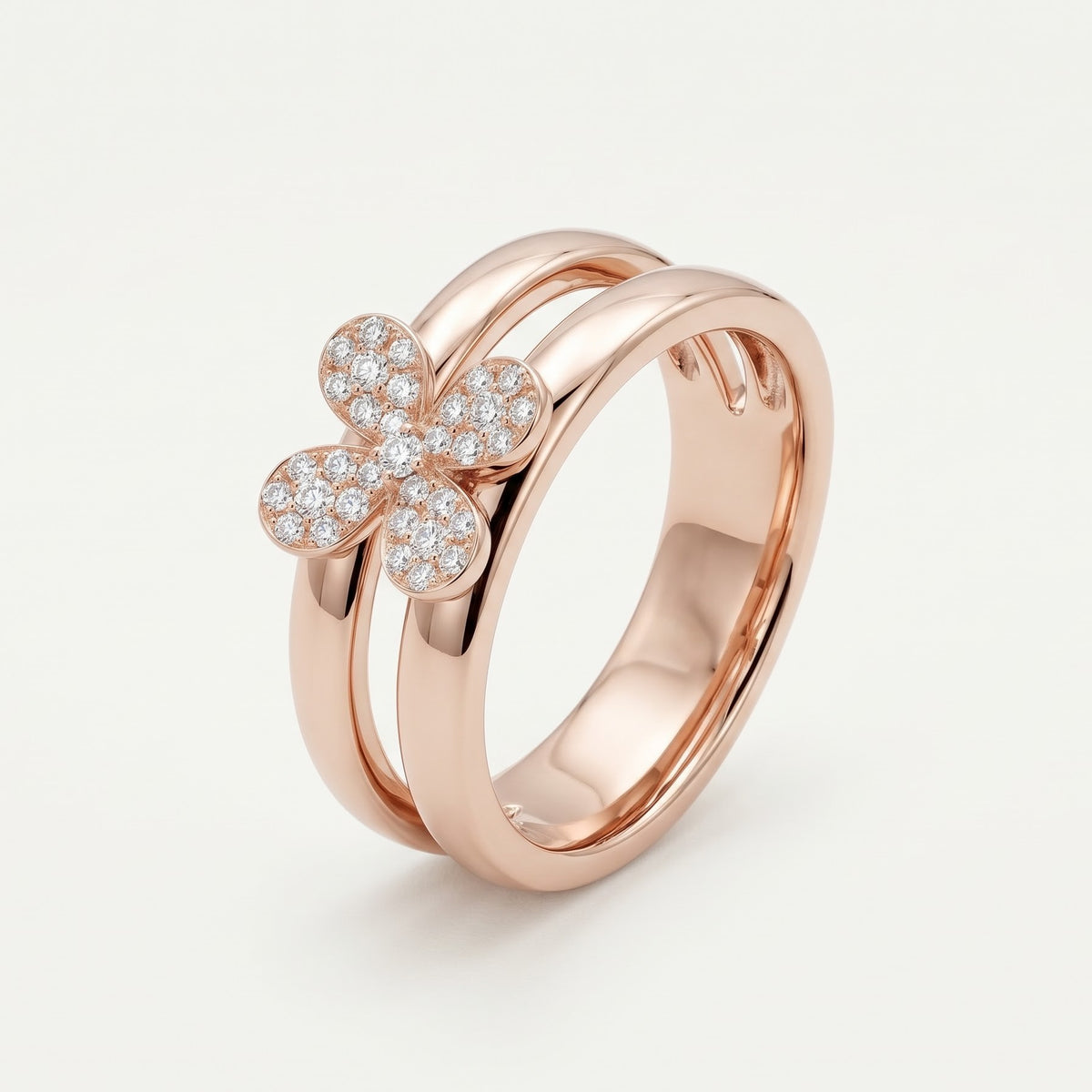 Elegant Rose Gold Flower Double Band Ring with Sparkling Stone Detail
