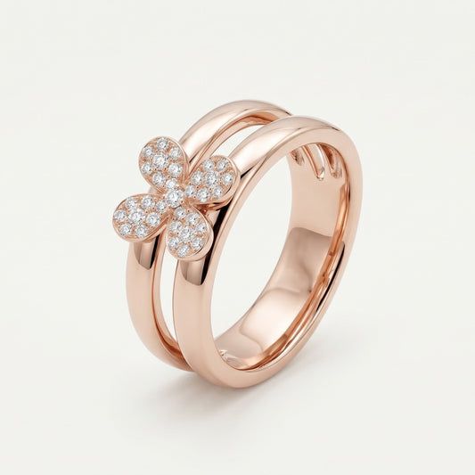 Elegant Rose Gold Flower Double Band Ring with Sparkling Stone Detail
