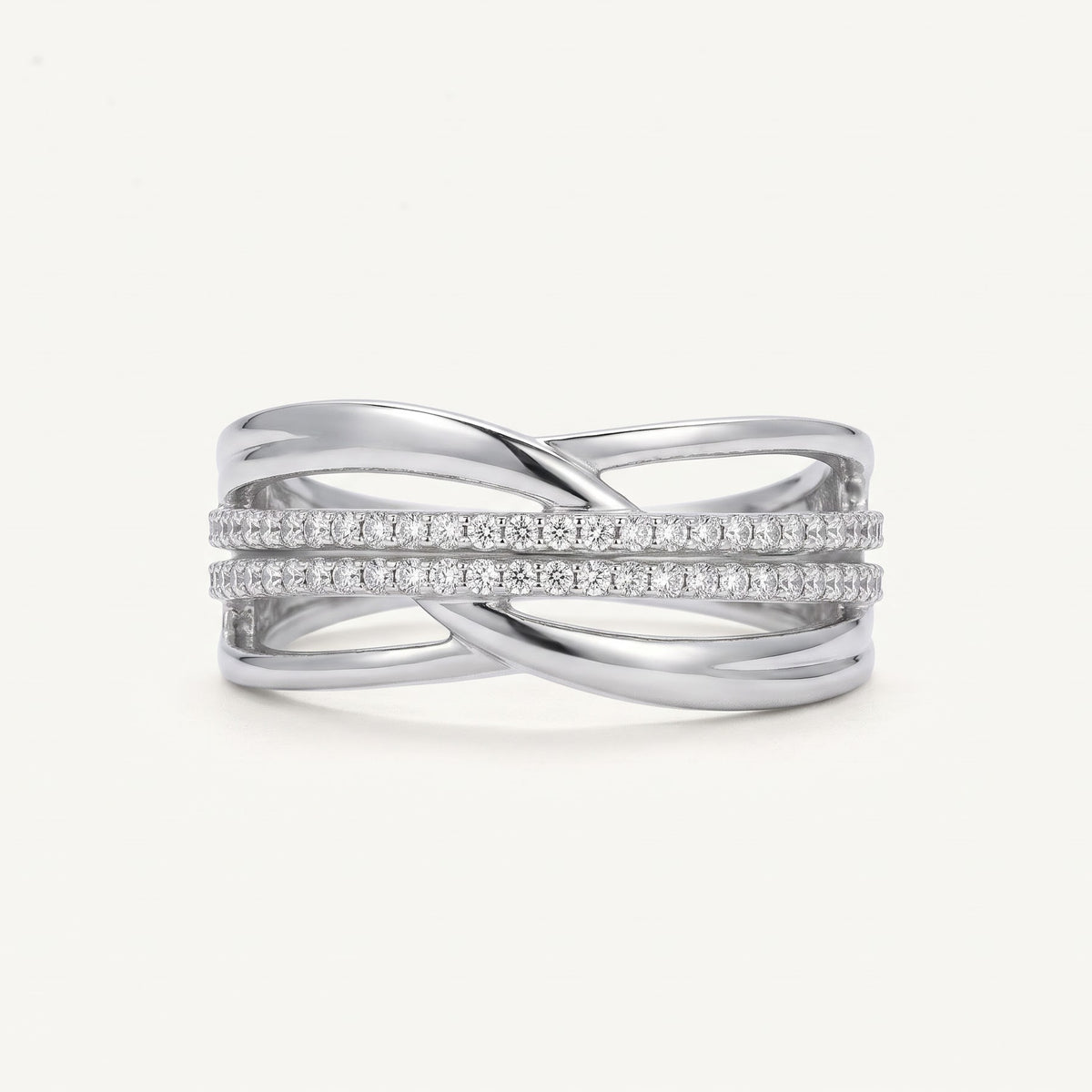 Elegant Silver Twisted Pavé Band Ring with Double Sparkling Rows
