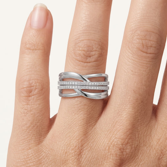 Elegant Silver Twisted Pavé Band Ring with Double Sparkling Rows