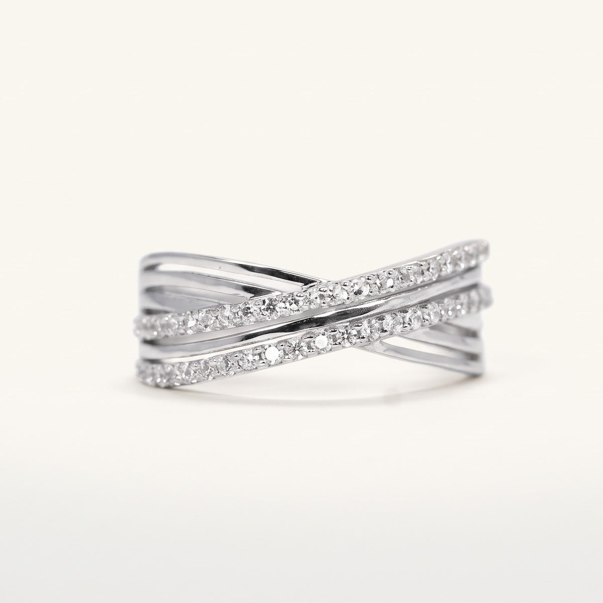 Elegant Silver Crossover Pave Ring with Double Sparkling Bands