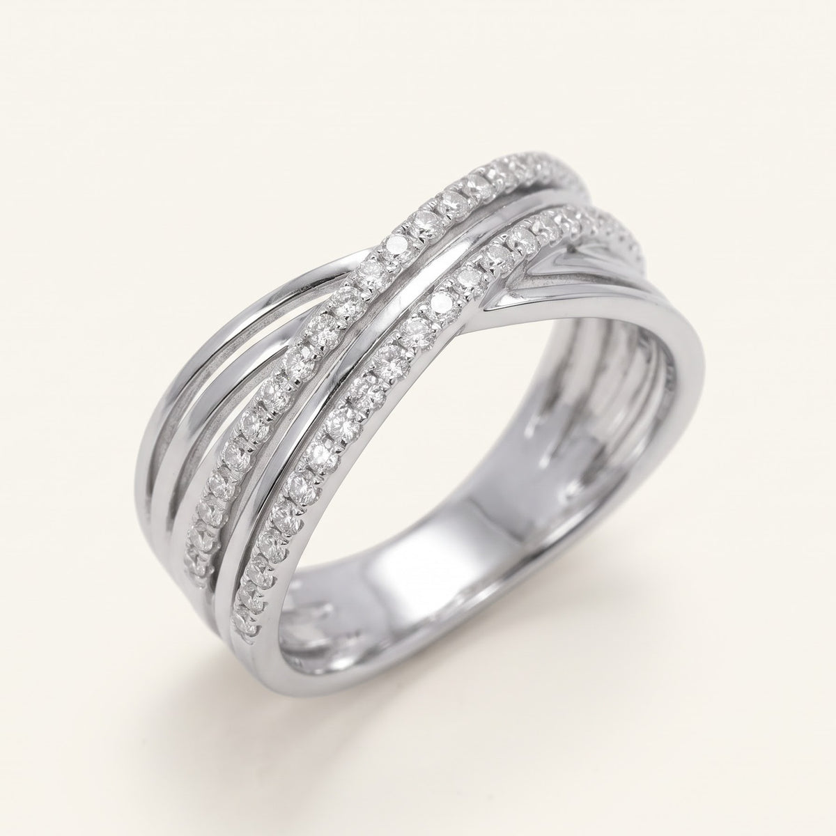 Elegant Silver Crossover Pave Ring with Double Sparkling Bands