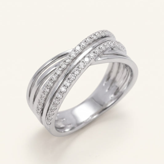 Elegant Silver Crossover Pave Ring with Double Sparkling Bands