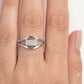 Elegant Oval Crystal Silver Ring with Geometric Openwork Design