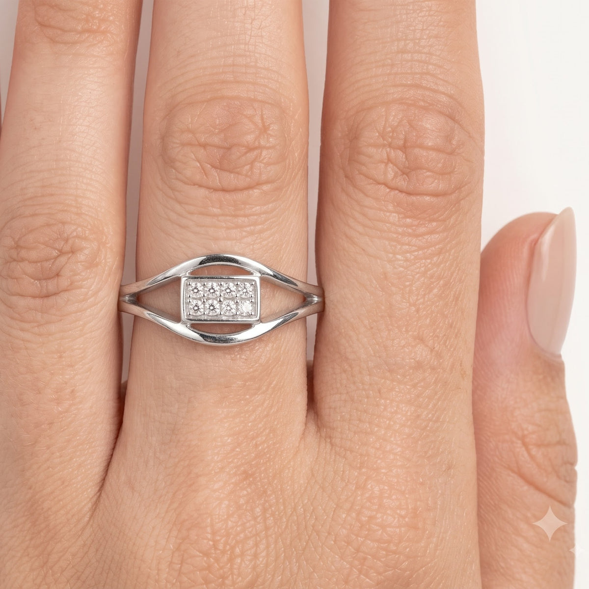 Elegant Oval Crystal Silver Ring with Geometric Openwork Design