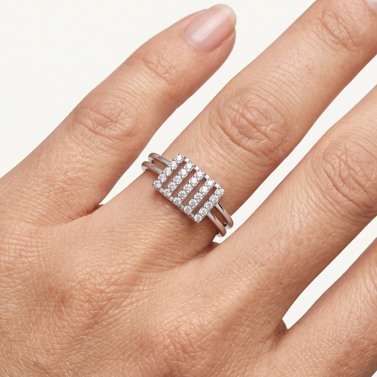 Elegant Silver Crystal Bar Ring with Double Band and Sparkling Detail