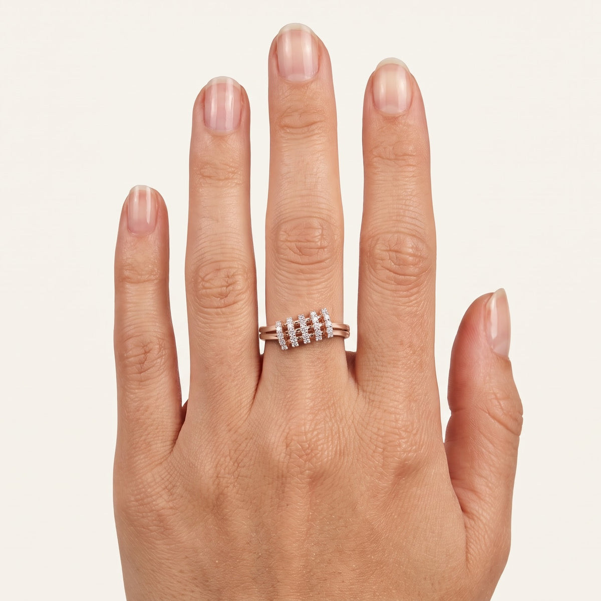 Rose Gold Open Band Ring with Five Rows of Sparkling Stones