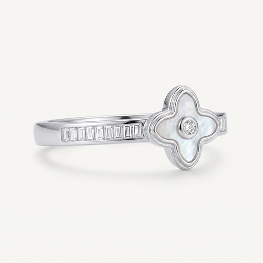 Elegant Silver Clover Ring with White Center Stone & Baguette Accents