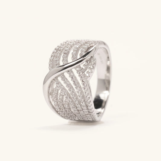 Elegant Silver-Tone Pavé Wave Ring with Multi-Row Crystal Detailing
