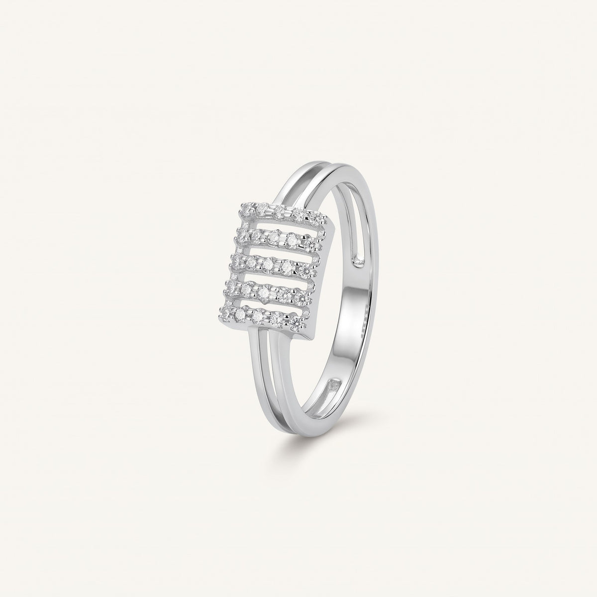 Elegant Silver Crystal Bar Ring with Double Band and Sparkling Detail