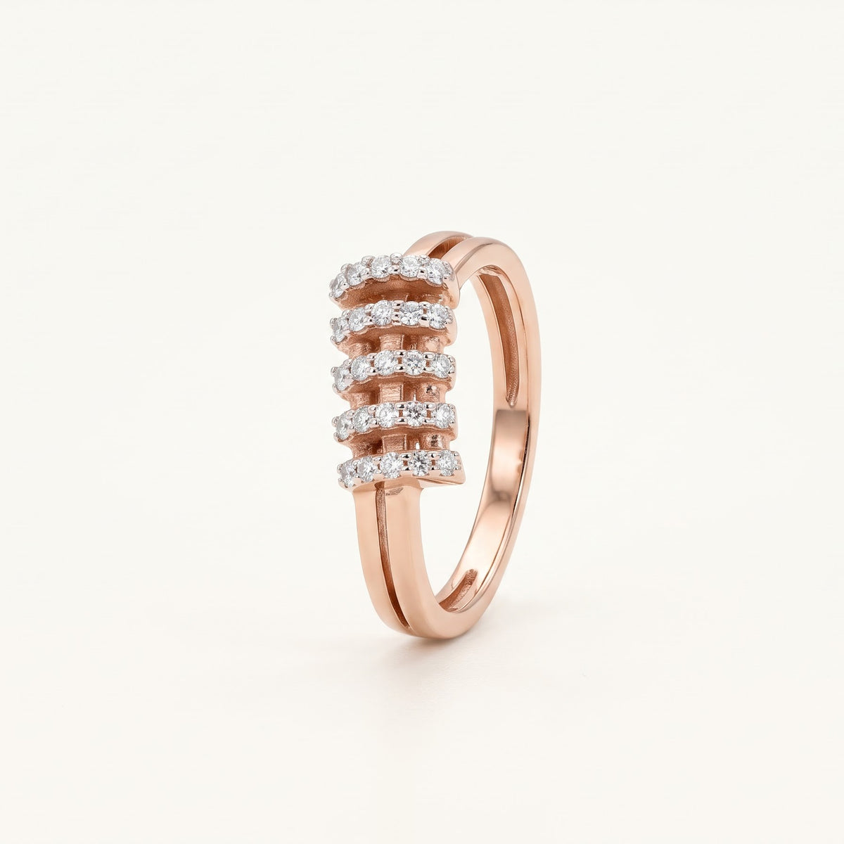 Rose Gold Open Band Ring with Five Rows of Sparkling Stones