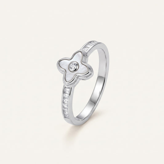 Elegant Silver Clover Ring with White Center Stone & Baguette Accents