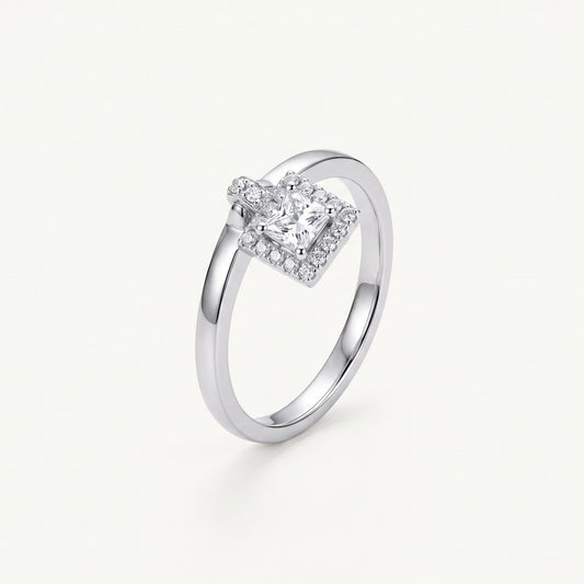 Silver Square-Cut Halo Crystal Engagement Ring