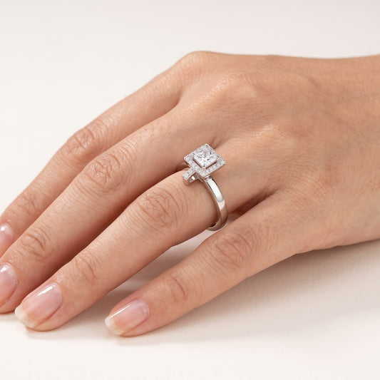 Silver Square-Cut Halo Crystal Engagement Ring