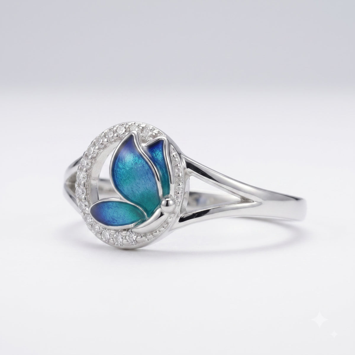 Elegant Blue & Green Floral Crystal Ring – Silver-Tone Statement Ring for Women