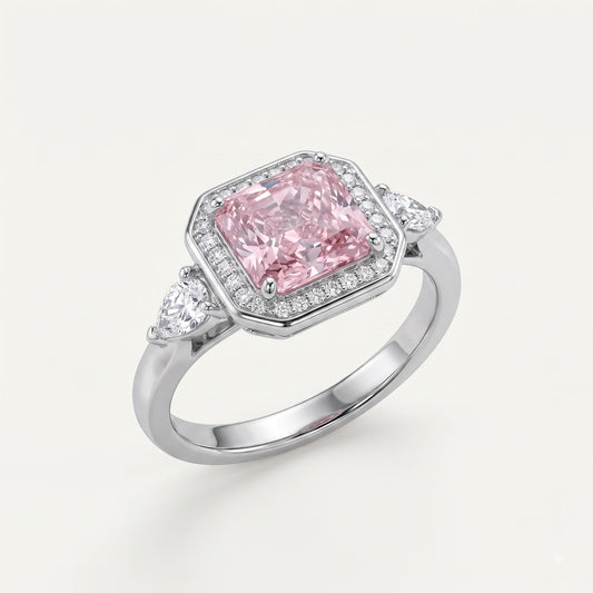 Elegant Pink Cushion-Cut Halo Ring with Pear-Shaped Side Stones