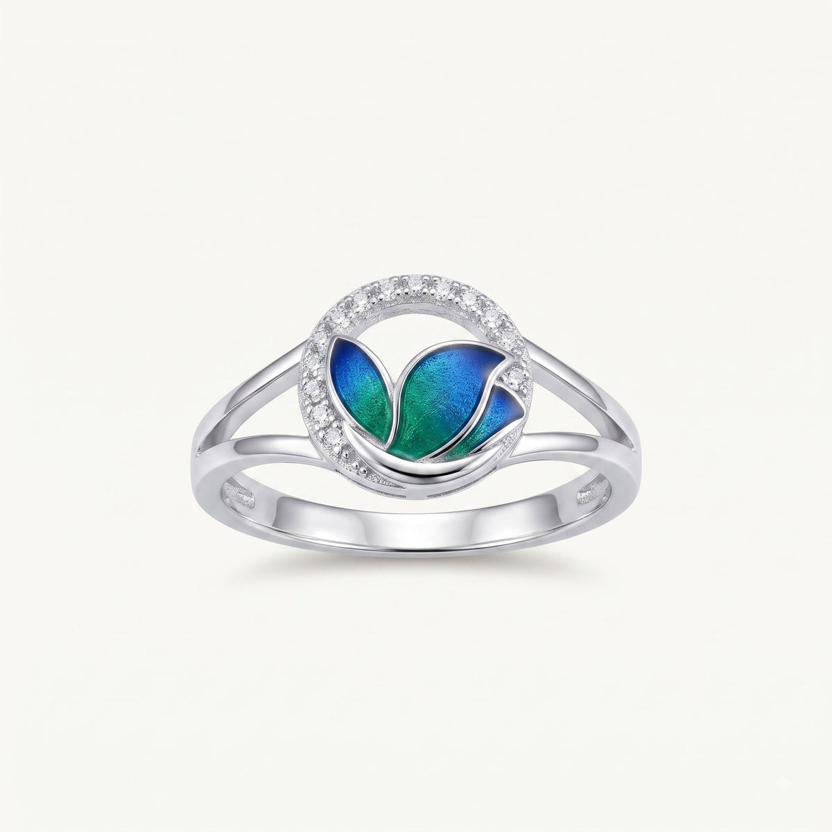 Elegant Blue & Green Floral Crystal Ring – Silver-Tone Statement Ring for Women