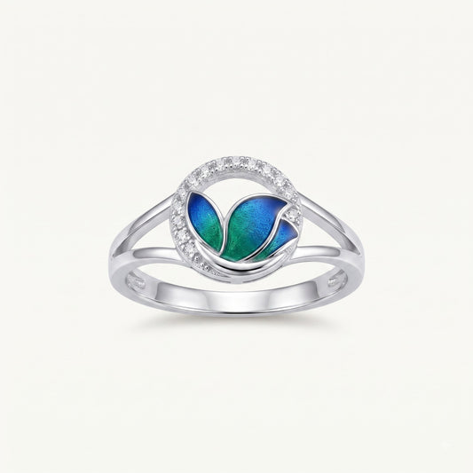 Elegant Blue & Green Floral Crystal Ring – Silver-Tone Statement Ring for Women