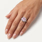 Elegant Pink Cushion-Cut Halo Ring with Pear-Shaped Side Stones
