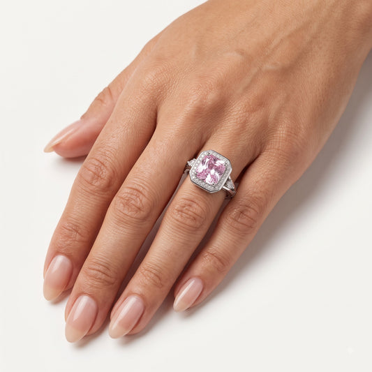 Elegant Pink Cushion-Cut Halo Ring with Pear-Shaped Side Stones