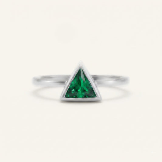 Emerald Green Triangle Solitaire Ring with Polished Silver-Tone Setting
