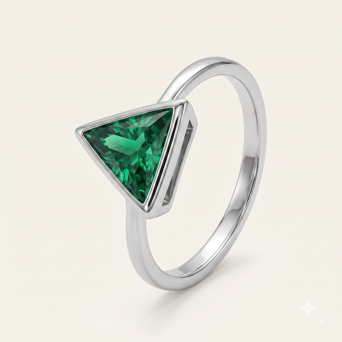 Emerald Green Triangle Solitaire Ring with Polished Silver-Tone Setting