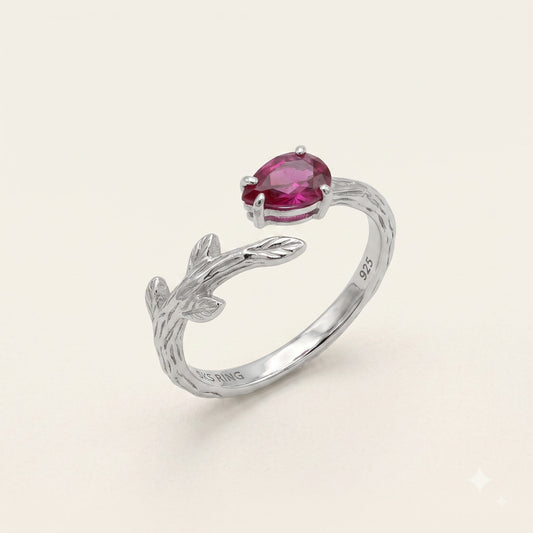 925 Sterling Silver Pink Oval Gemstone Leaf Ring