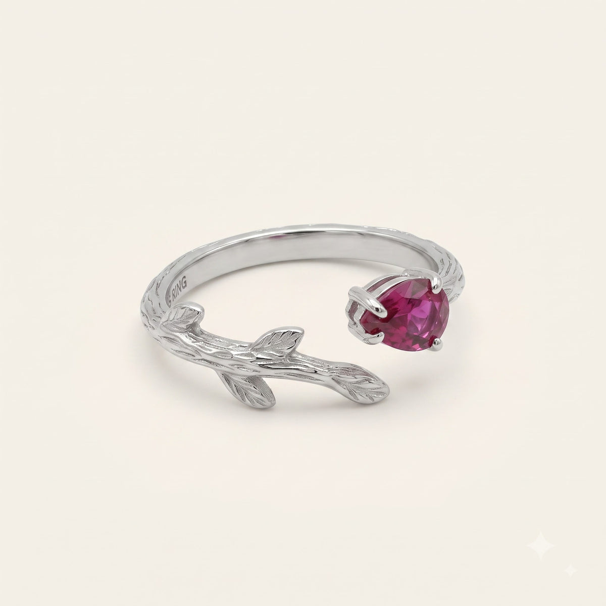 925 Sterling Silver Pink Oval Gemstone Leaf Ring