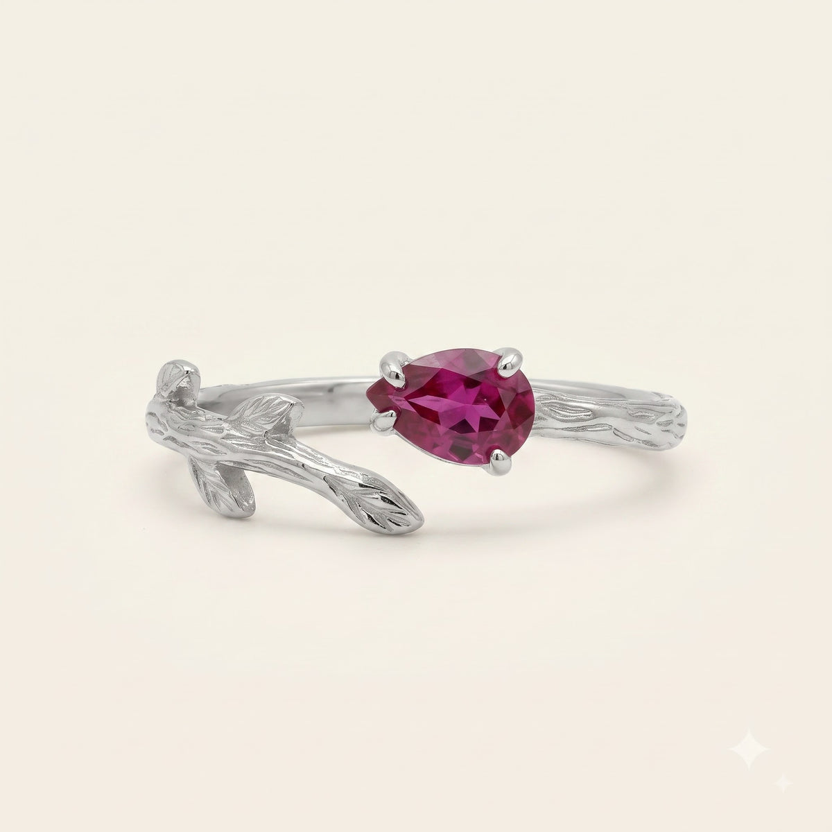 925 Sterling Silver Pink Oval Gemstone Leaf Ring