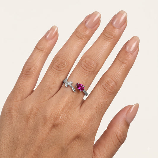 925 Sterling Silver Pink Oval Gemstone Leaf Ring