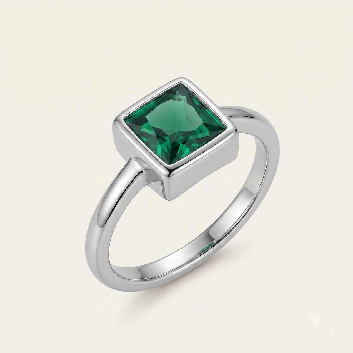Emerald Green Square Solitaire Ring with Polished Silver-Tone Band