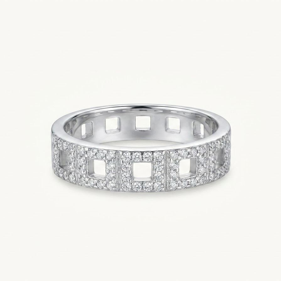 Silver Square Cutout Ring with Sparkling Stone Accents