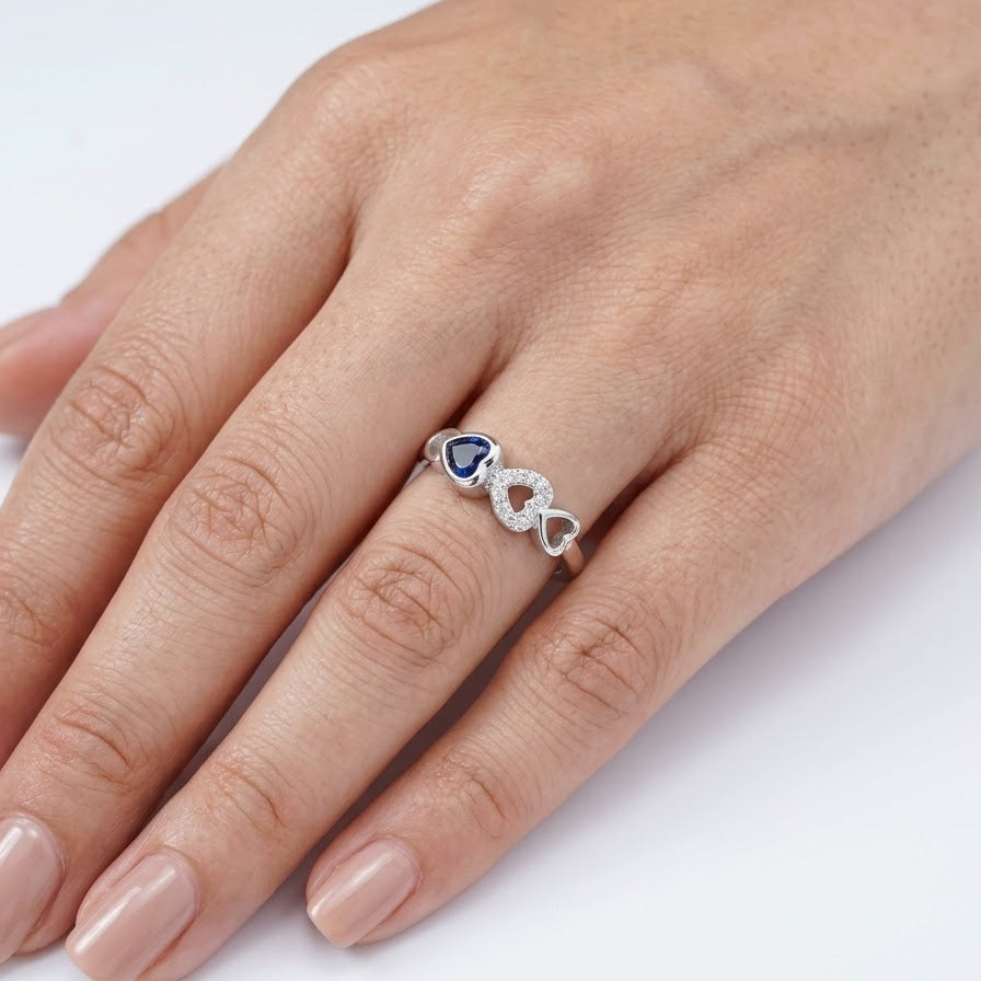 Silver Heart Ring with Blue Gemstone & Sparkling Heart Accents