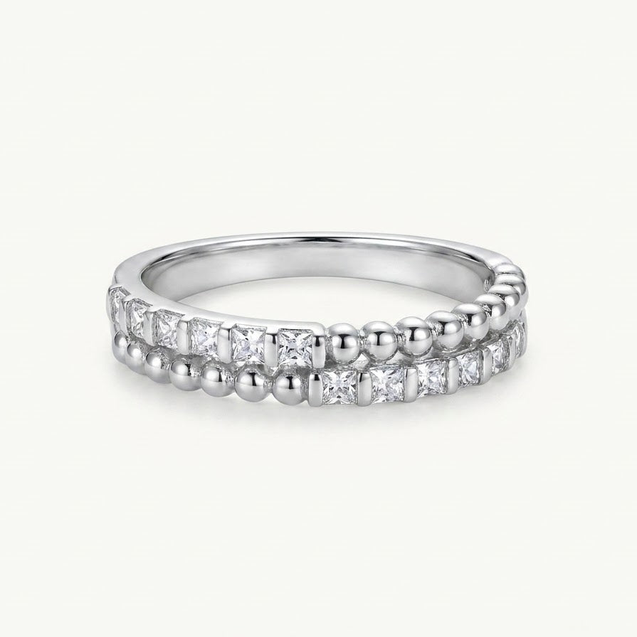 Elegant Silver Beaded Crystal Band Ring