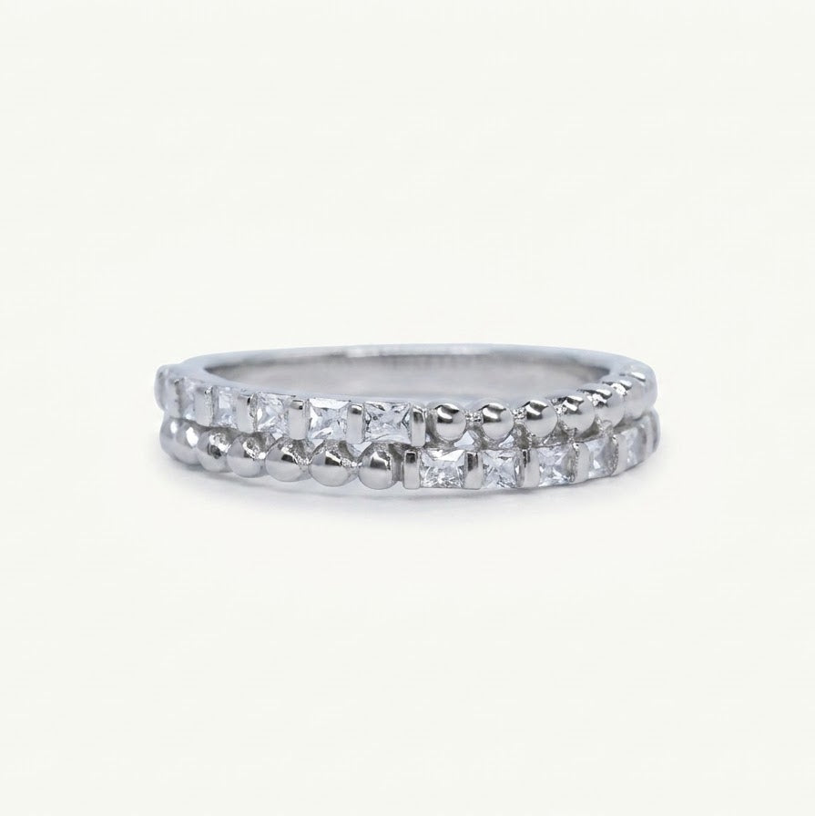 Elegant Silver Beaded Crystal Band Ring
