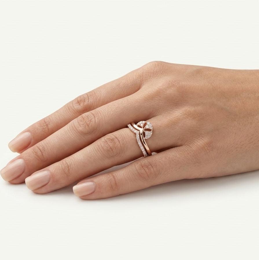 Elegant Rose Gold Flower Pave Ring with Sparkling Curved Band