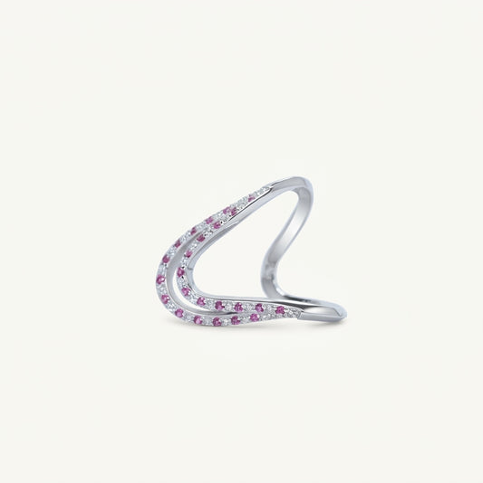 Elegant Pink Stone Pavé Wave Ring for Women