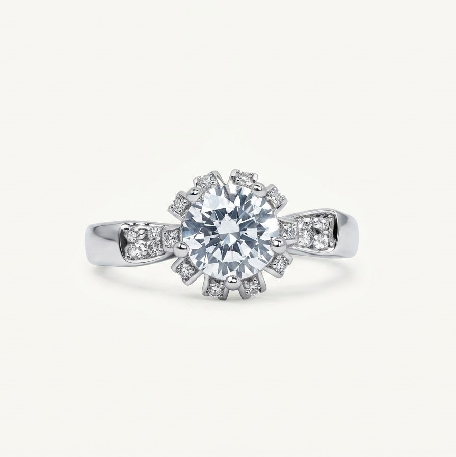 Elegant Round Solitaire Halo Ring with Sparkling Stone Accents for Women